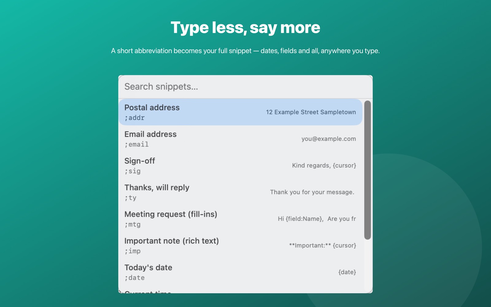The Switchover Expand quick picker searching the snippet library