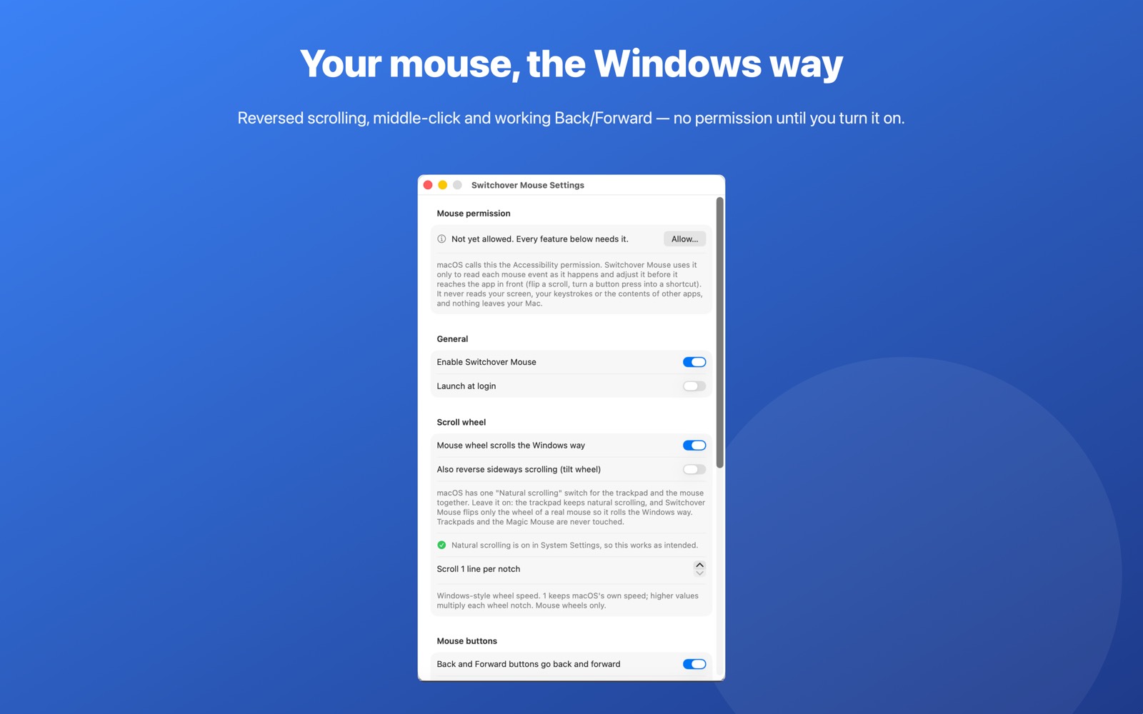 Switchover Mouse settings window showing the scroll wheel options
