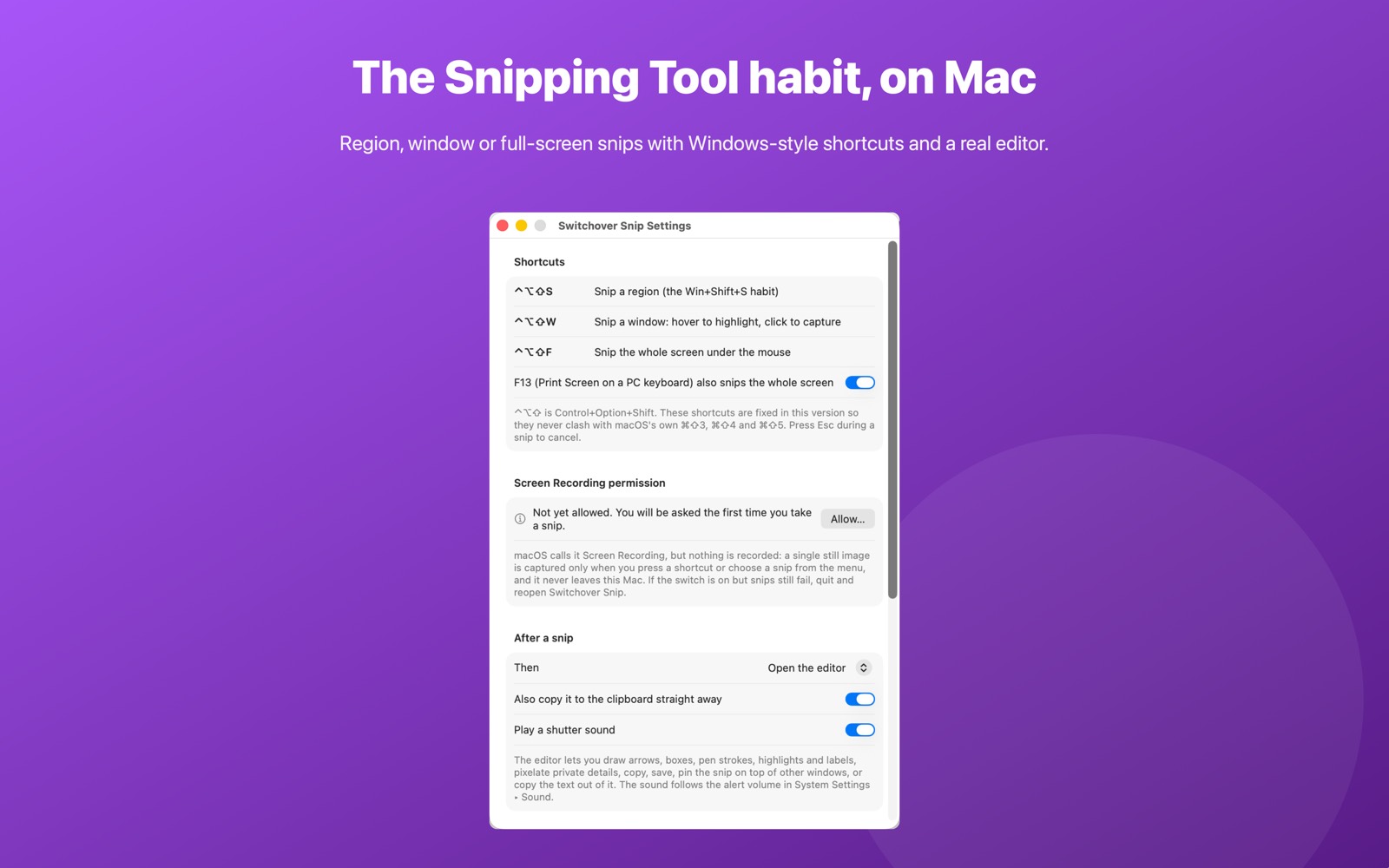 Switchover Snip settings window showing its capture shortcuts