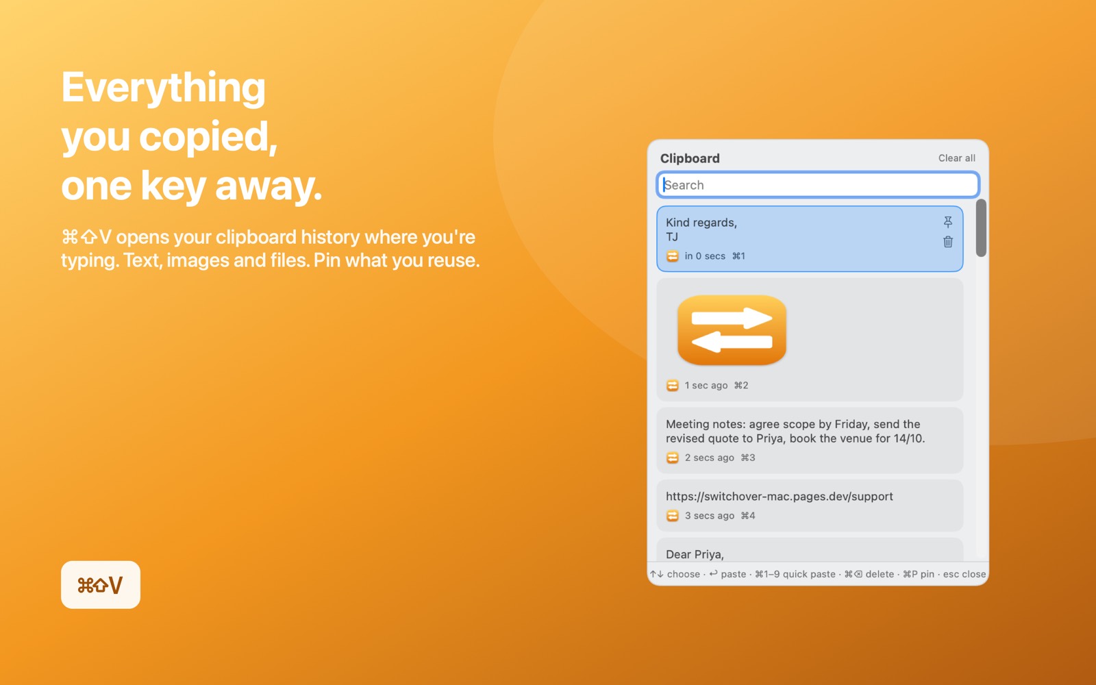 The Switchover clipboard history panel showing recent text, images and files