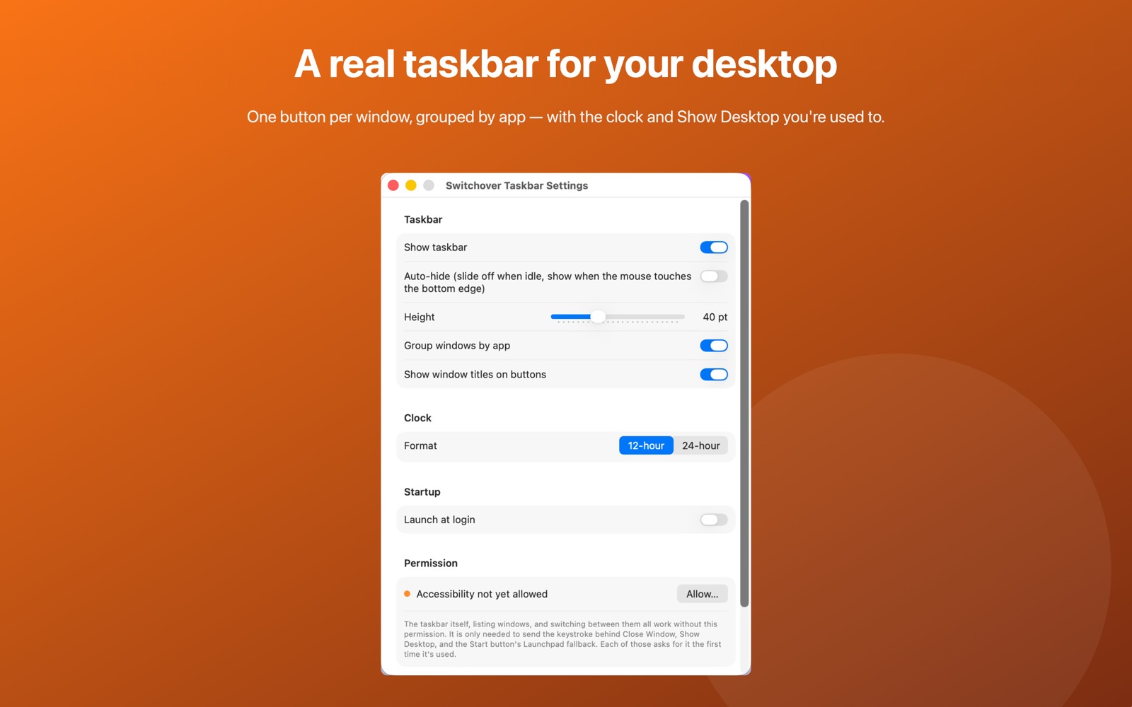 Switchover Taskbar settings window with taskbar, clock and permission options